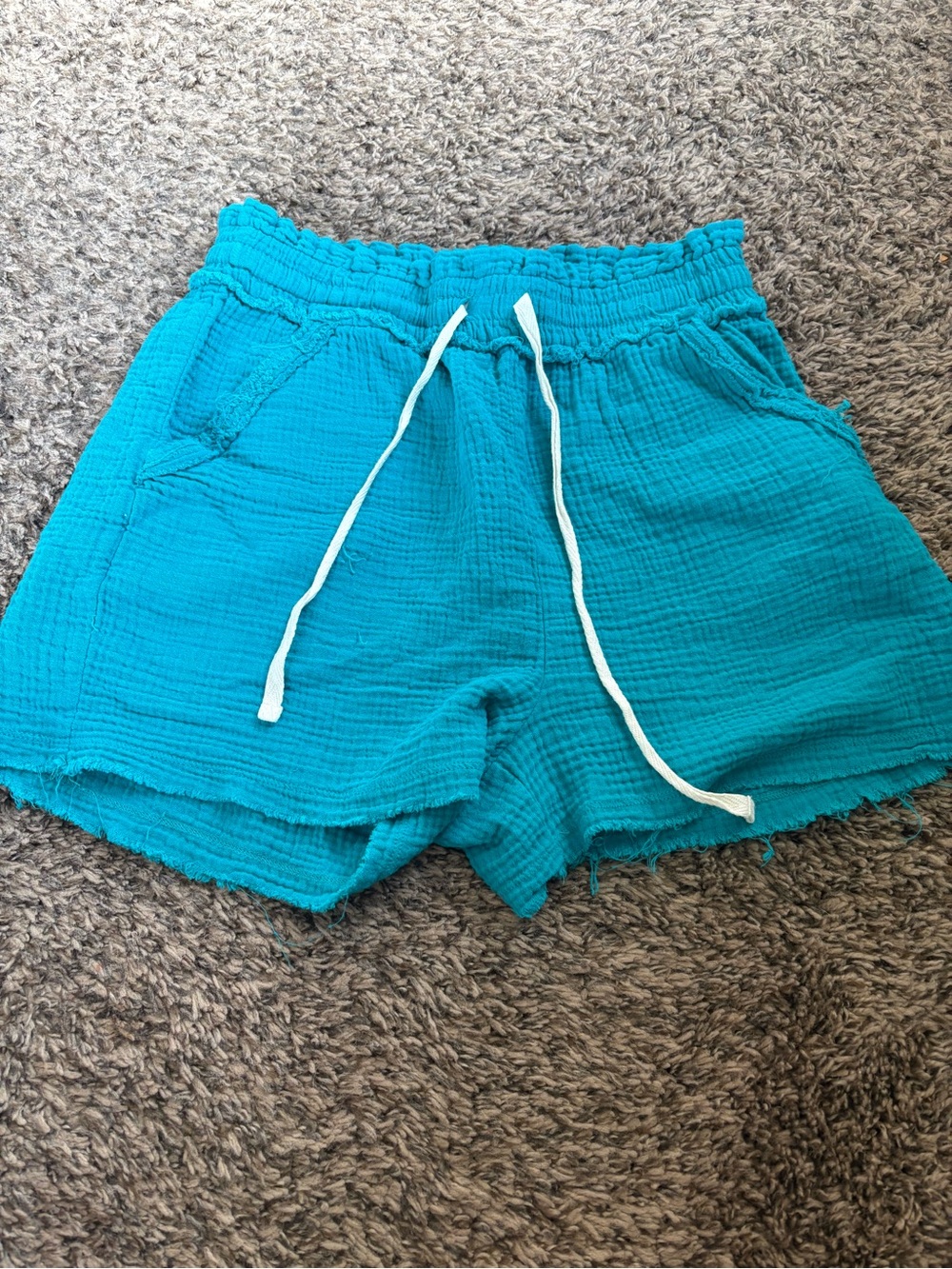 Zenana Outfitters Bright Teal Cotton Gauze Drawstring Shorts